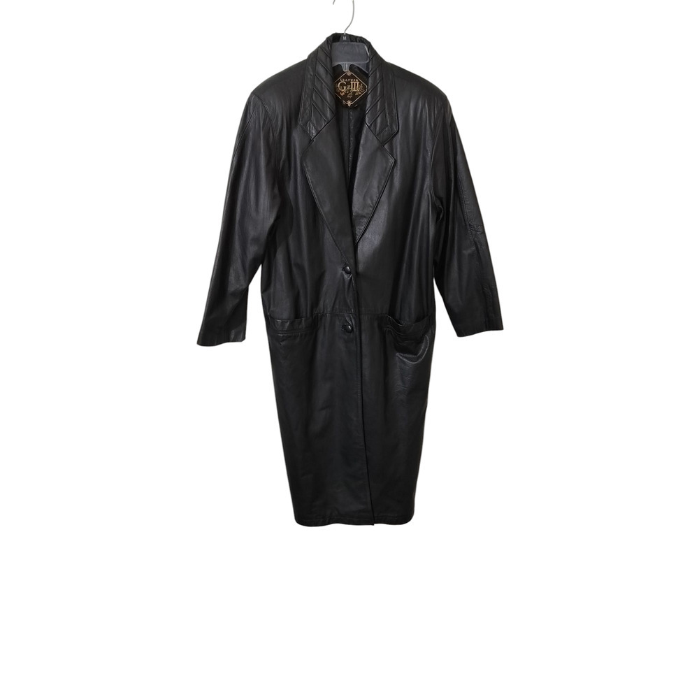 3656)Vtg Global Identity GIII Women Black Leather Trench Coat Duster Medium